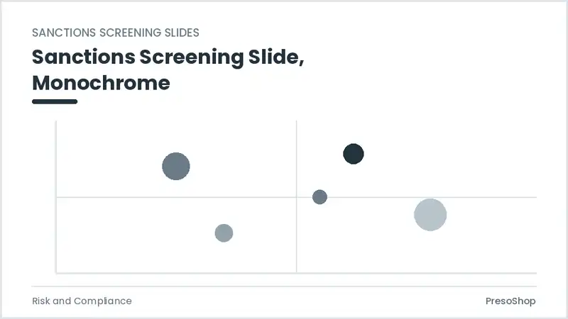 Editable PowerPoint sanctions screening slide template in a monochrome treatment, built from recolourable native shapes for risk and compliance decks