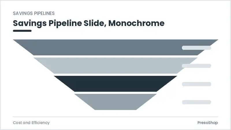 Editable PowerPoint savings pipeline slide template in a monochrome treatment, built from recolourable native shapes for cost and efficiency decks