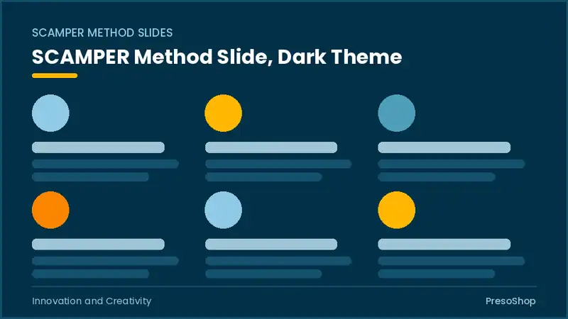 Editable PowerPoint scamper method slide template in a dark theme, built from recolourable native shapes for innovation and creativity decks