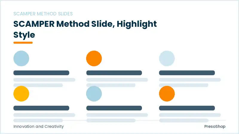 Editable PowerPoint scamper method slide template with an accented takeaway, built from recolourable native shapes for innovation and creativity decks