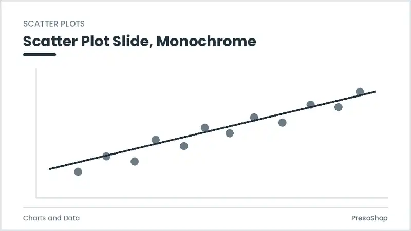 Editable PowerPoint scatter plot slide template in a monochrome treatment, built from recolourable native shapes for charts and data decks