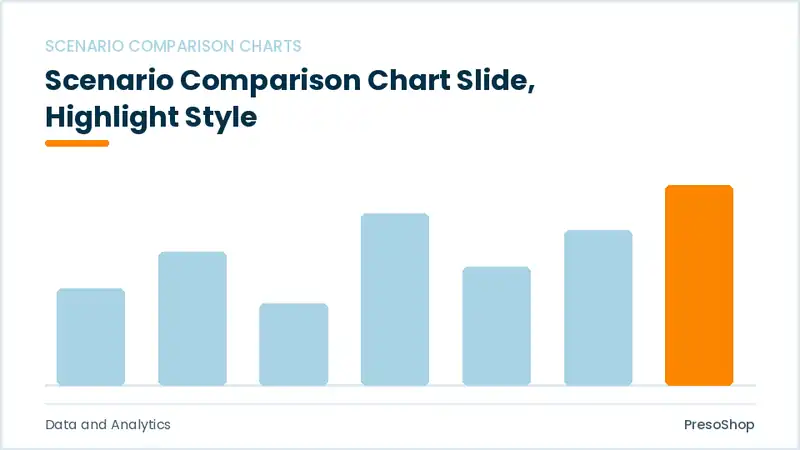 Editable PowerPoint scenario comparison chart slide template with an accented takeaway, built from recolourable native shapes for data and analytics decks