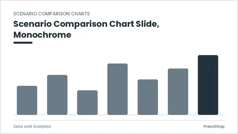 Editable PowerPoint scenario comparison chart slide template in a monochrome treatment, built from recolourable native shapes for data and analytics decks