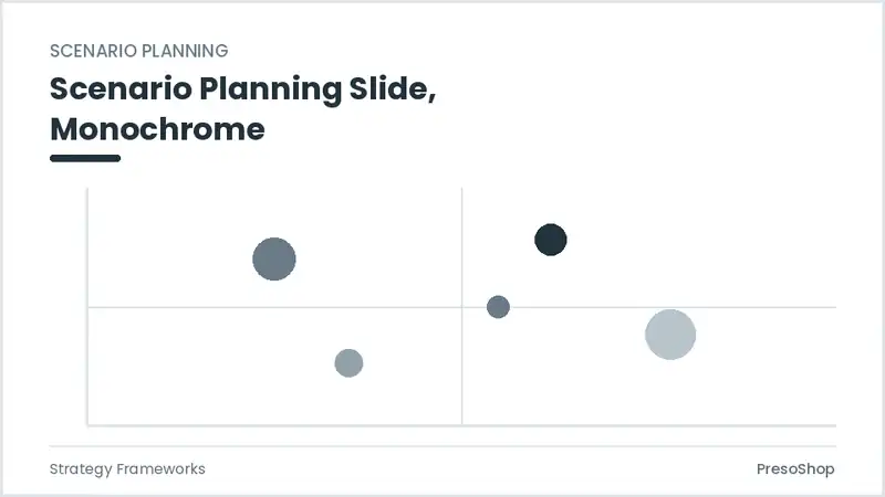 Editable PowerPoint scenario planning slide template in a monochrome treatment, built from recolourable native shapes for strategy frameworks decks