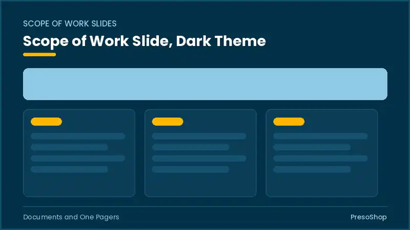 Editable PowerPoint scope of work slide template in a dark theme, built from recolourable native shapes for documents and one pagers decks