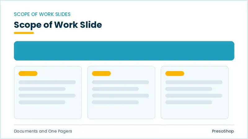 Editable PowerPoint scope of work slide template, built from recolourable native shapes for documents and one pagers decks