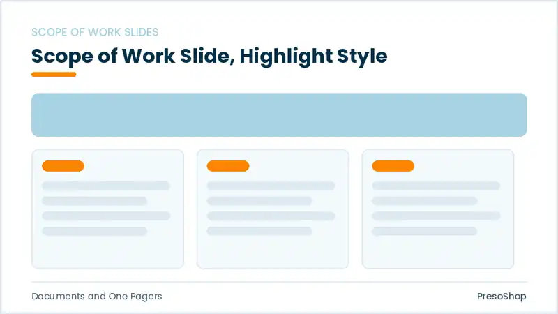 Editable PowerPoint scope of work slide template with an accented takeaway, built from recolourable native shapes for documents and one pagers decks