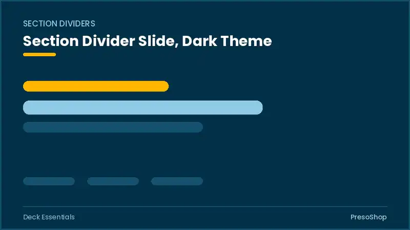 Editable PowerPoint section divider slide template in a dark theme, built from recolourable native shapes for deck essentials decks