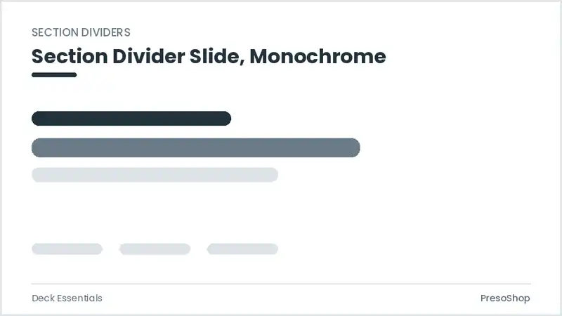 Editable PowerPoint section divider slide template in a monochrome treatment, built from recolourable native shapes for deck essentials decks