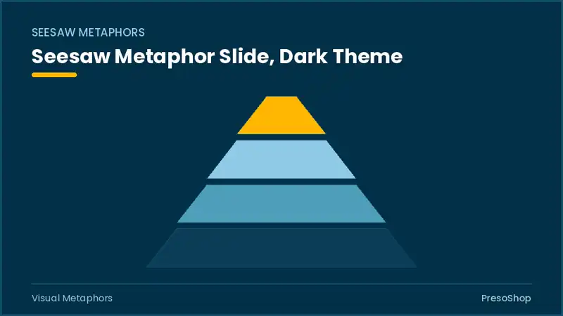 Editable PowerPoint seesaw metaphor slide template in a dark theme, built from recolourable native shapes for visual metaphors decks