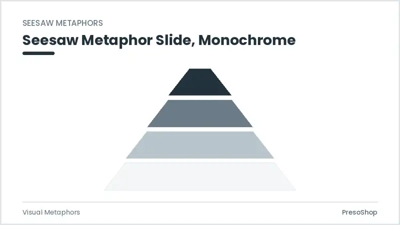 Editable PowerPoint seesaw metaphor slide template in a monochrome treatment, built from recolourable native shapes for visual metaphors decks