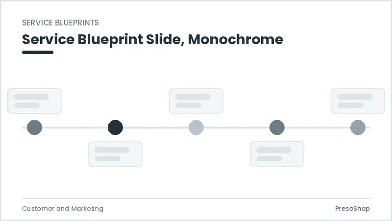 Editable PowerPoint service blueprint slide template in a monochrome treatment, built from recolourable native shapes for customer and marketing decks