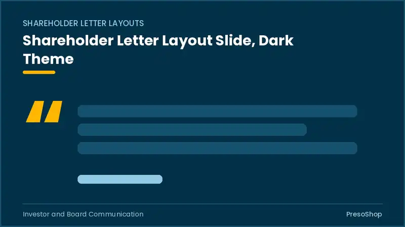 Editable PowerPoint shareholder letter layout slide template in a dark theme, built from recolourable native shapes for investor and board communication decks