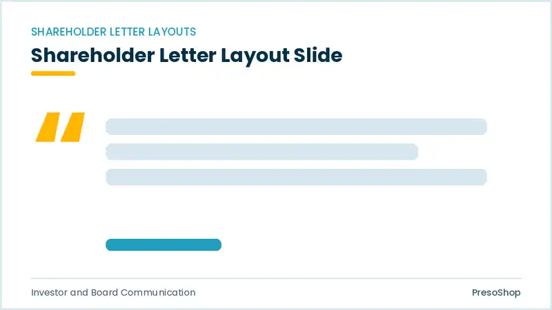 Editable PowerPoint shareholder letter layout slide template, built from recolourable native shapes for investor and board communication decks
