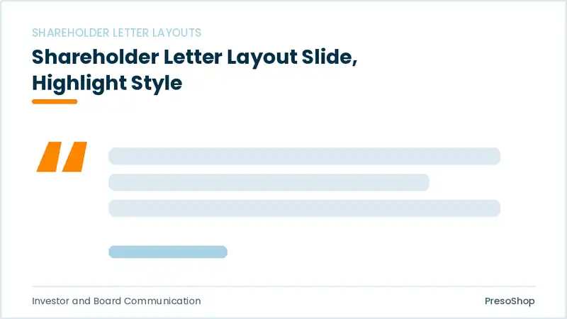 Editable PowerPoint shareholder letter layout slide template with an accented takeaway, built from recolourable native shapes for investor and board communication decks