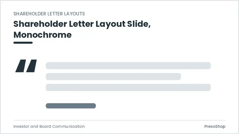 Editable PowerPoint shareholder letter layout slide template in a monochrome treatment, built from recolourable native shapes for investor and board communication decks