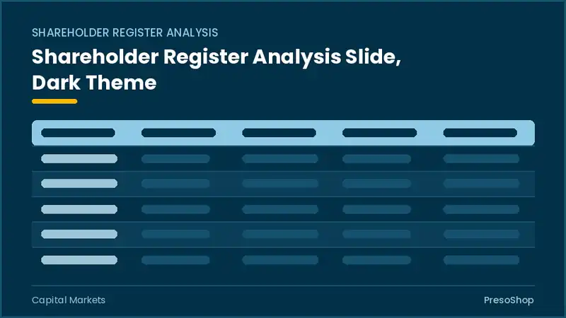 Editable PowerPoint shareholder register analysis slide template in a dark theme, built from recolourable native shapes for capital markets decks