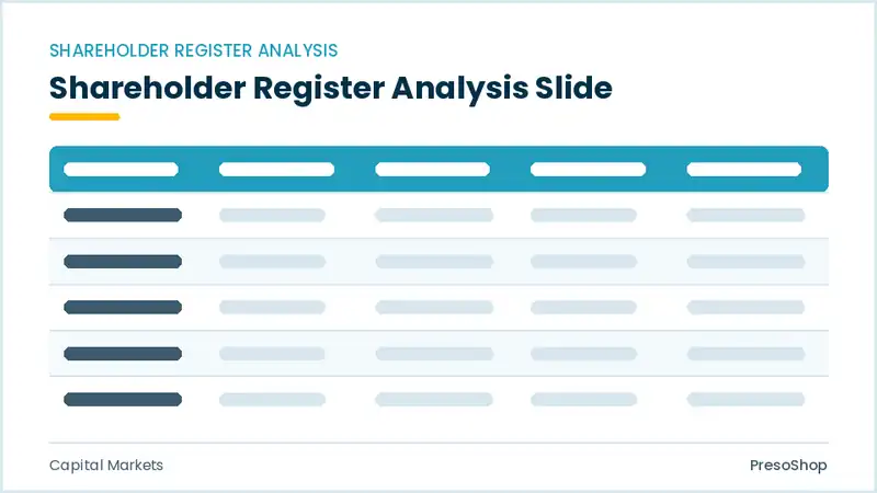 Editable PowerPoint shareholder register analysis slide template, built from recolourable native shapes for capital markets decks