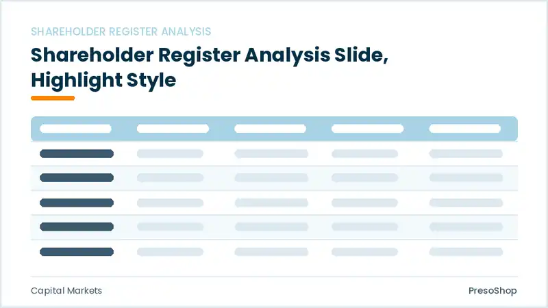Editable PowerPoint shareholder register analysis slide template with an accented takeaway, built from recolourable native shapes for capital markets decks