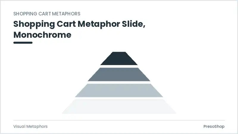 Editable PowerPoint shopping cart metaphor slide template in a monochrome treatment, built from recolourable native shapes for visual metaphors decks