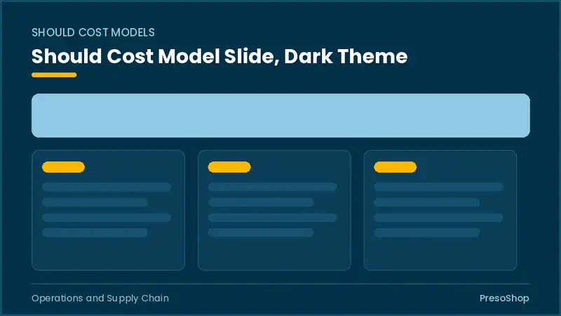 Editable PowerPoint should cost model slide template in a dark theme, built from recolourable native shapes for operations and supply chain decks
