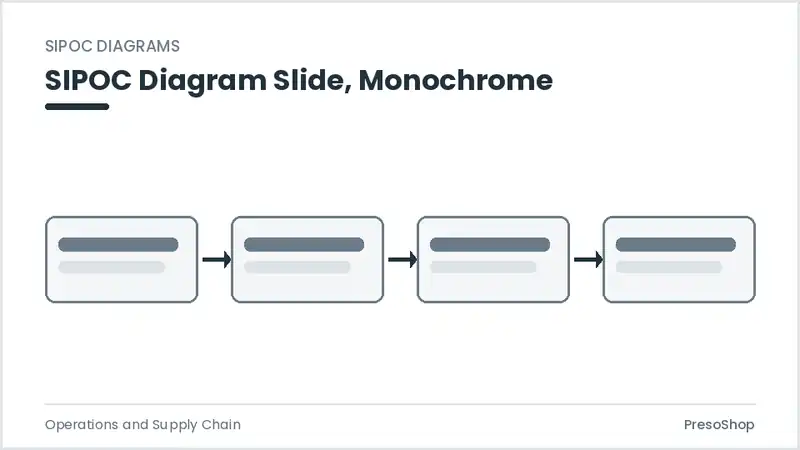 Editable PowerPoint sipoc diagram slide template in a monochrome treatment, built from recolourable native shapes for operations and supply chain decks