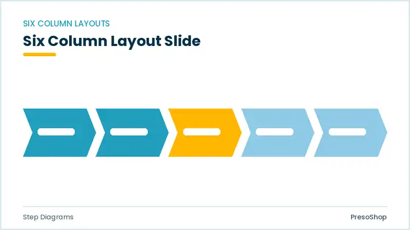 Editable PowerPoint six column layout slide template, built from recolourable native shapes for step diagrams decks