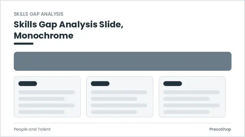Editable PowerPoint skills gap analysis slide template in a monochrome treatment, built from recolourable native shapes for people and talent decks