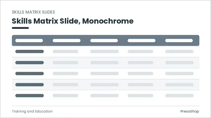 Editable PowerPoint skills matrix slide template in a monochrome treatment, built from recolourable native shapes for training and education decks