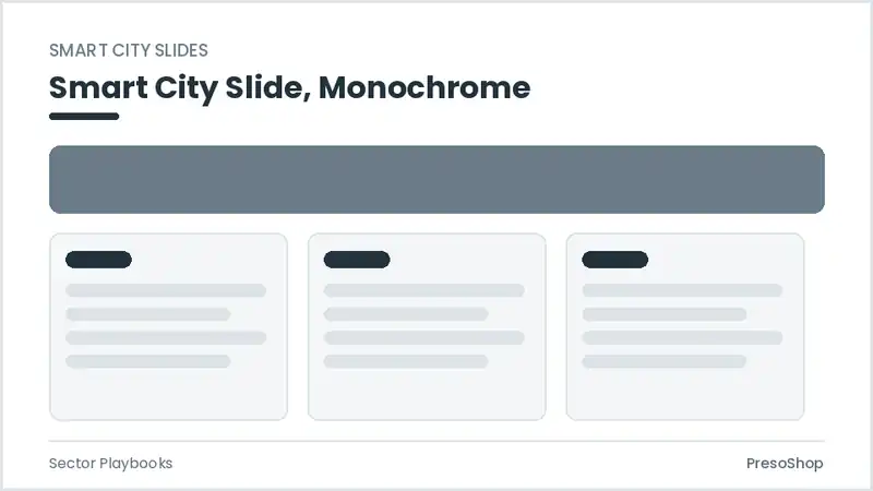 Editable PowerPoint smart city slide template in a monochrome treatment, built from recolourable native shapes for sector playbooks decks