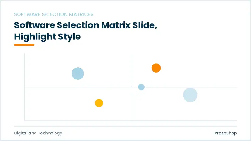 Editable PowerPoint software selection matrix slide template with an accented takeaway, built from recolourable native shapes for digital and technology decks