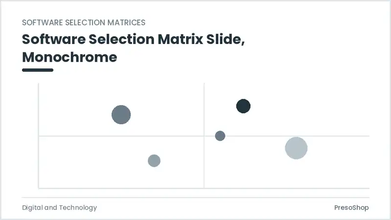 Editable PowerPoint software selection matrix slide template in a monochrome treatment, built from recolourable native shapes for digital and technology decks