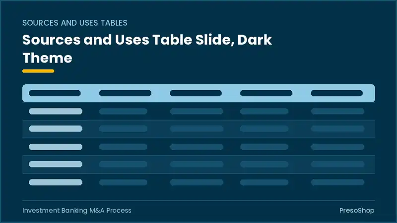 Editable PowerPoint sources and uses table slide template in a dark theme, built from recolourable native shapes for investment banking m&a process decks