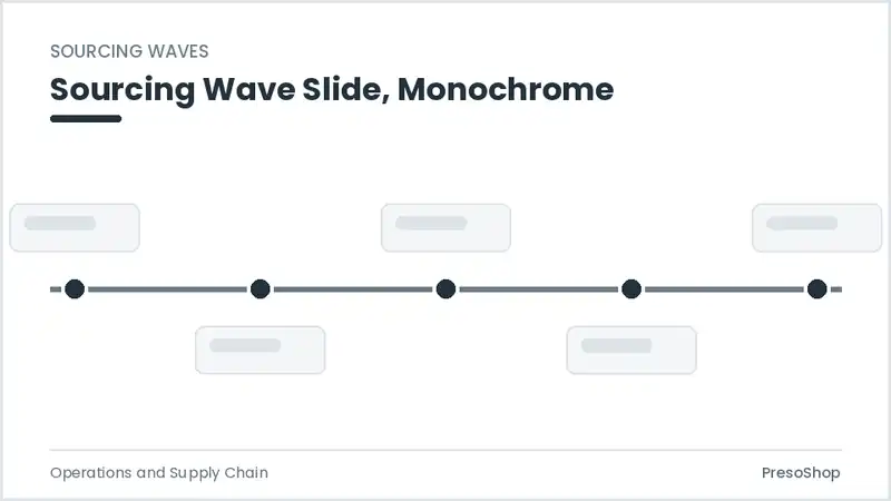 Editable PowerPoint sourcing wave slide template in a monochrome treatment, built from recolourable native shapes for operations and supply chain decks