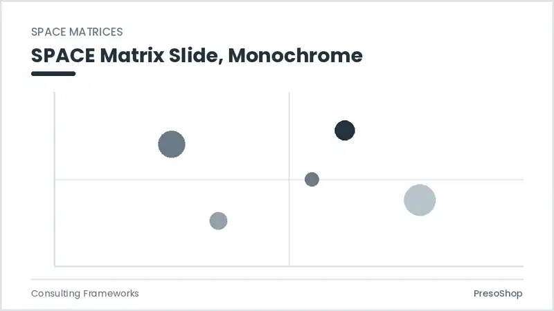 Editable PowerPoint space matrix slide template in a monochrome treatment, built from recolourable native shapes for consulting frameworks decks
