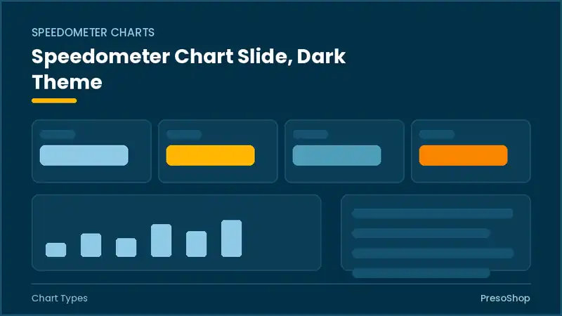 Editable PowerPoint speedometer chart slide template in a dark theme, built from recolourable native shapes for chart types decks