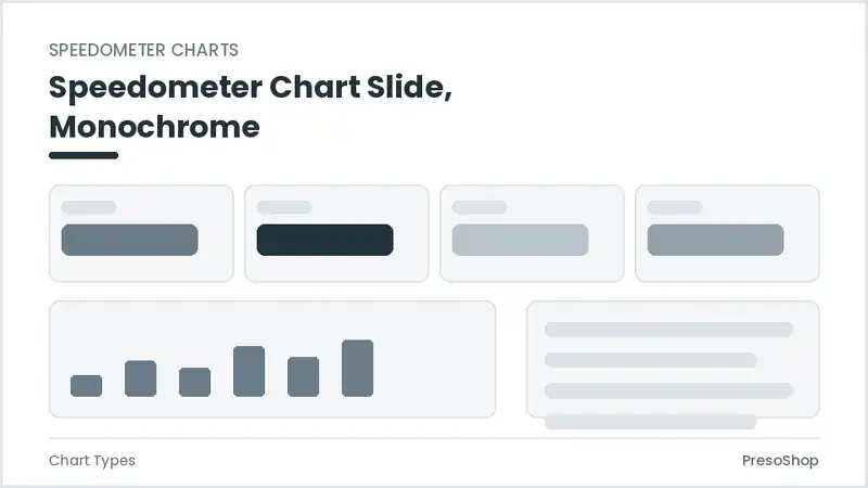 Editable PowerPoint speedometer chart slide template in a monochrome treatment, built from recolourable native shapes for chart types decks