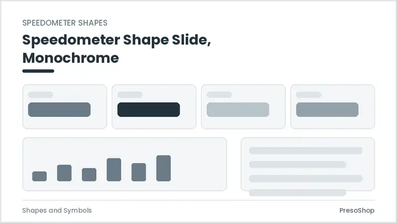 Editable PowerPoint speedometer shape slide template in a monochrome treatment, built from recolourable native shapes for shapes and symbols decks