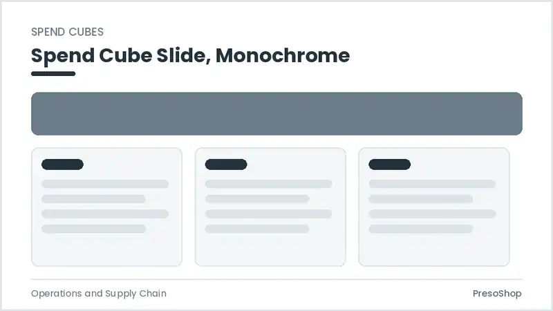 Editable PowerPoint spend cube slide template in a monochrome treatment, built from recolourable native shapes for operations and supply chain decks