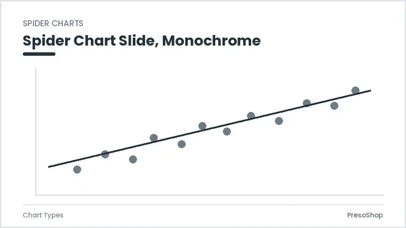 Editable PowerPoint spider chart slide template in a monochrome treatment, built from recolourable native shapes for chart types decks