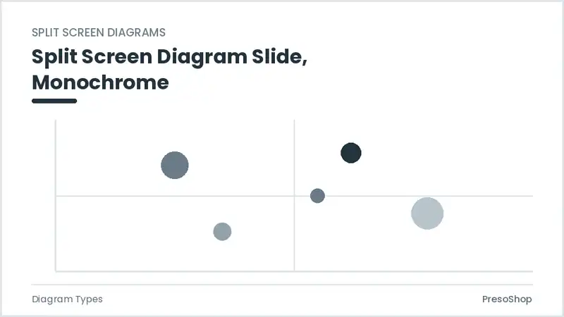 Editable PowerPoint split screen diagram slide template in a monochrome treatment, built from recolourable native shapes for diagram types decks