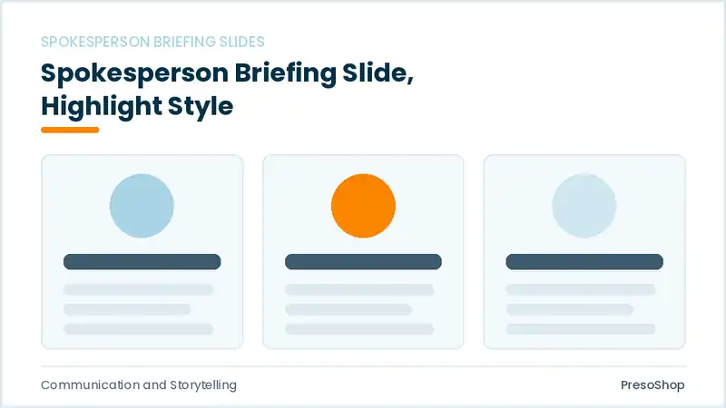 Editable PowerPoint spokesperson briefing slide template with an accented takeaway, built from recolourable native shapes for communication and storytelling decks