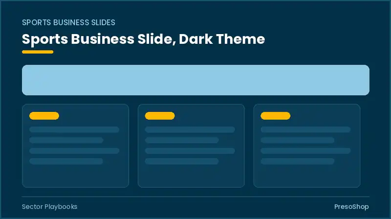 Editable PowerPoint sports business slide template in a dark theme, built from recolourable native shapes for sector playbooks decks