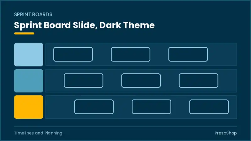 Editable PowerPoint sprint board slide template in a dark theme, built from recolourable native shapes for timelines and planning decks