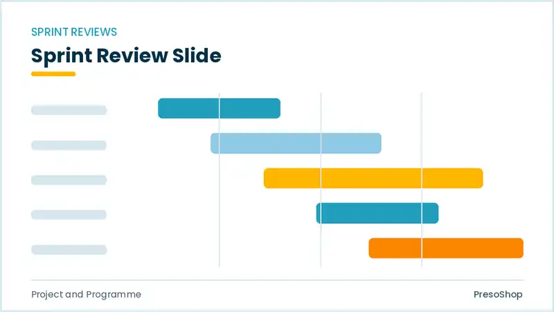 Editable PowerPoint sprint review slide template, built from recolourable native shapes for project and programme decks