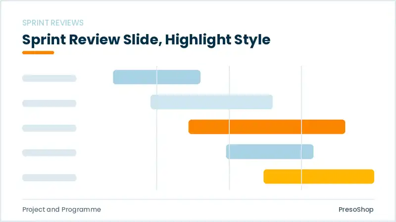 Editable PowerPoint sprint review slide template with an accented takeaway, built from recolourable native shapes for project and programme decks