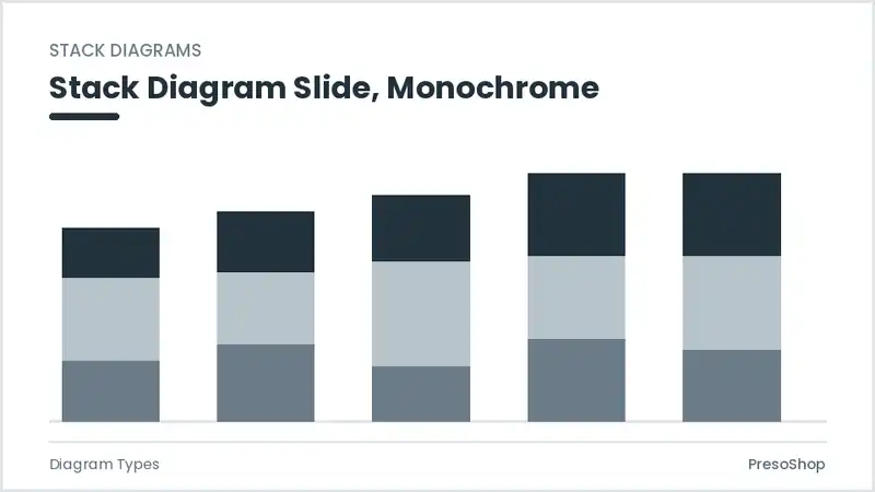 Editable PowerPoint stack diagram slide template in a monochrome treatment, built from recolourable native shapes for diagram types decks
