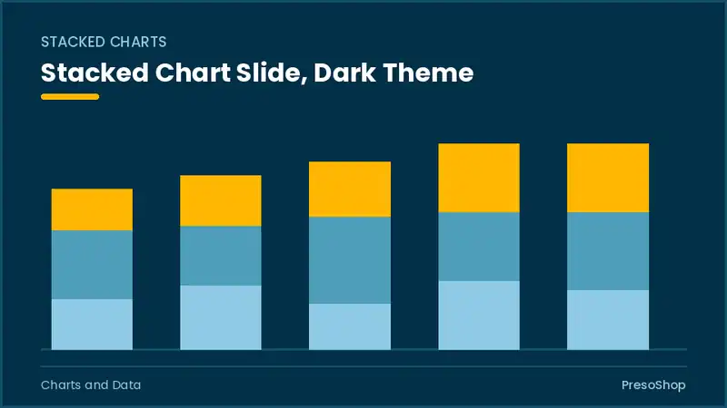 Editable PowerPoint stacked chart slide template in a dark theme, built from recolourable native shapes for charts and data decks
