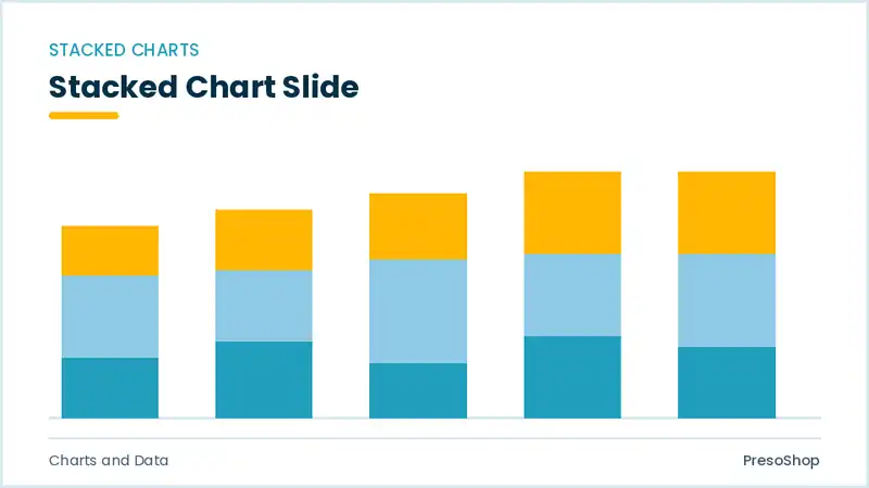 Editable PowerPoint stacked chart slide template, built from recolourable native shapes for charts and data decks