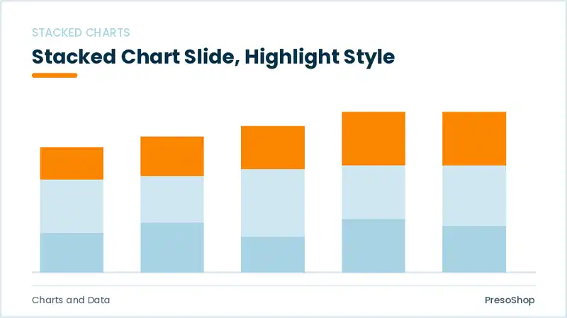 Editable PowerPoint stacked chart slide template with an accented takeaway, built from recolourable native shapes for charts and data decks